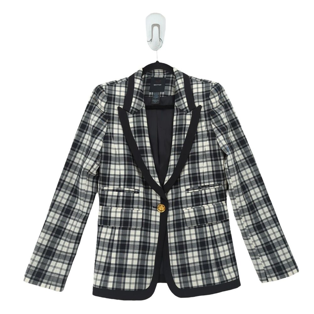 Smythe Black & White Plaid Blazer with Contrast Trim